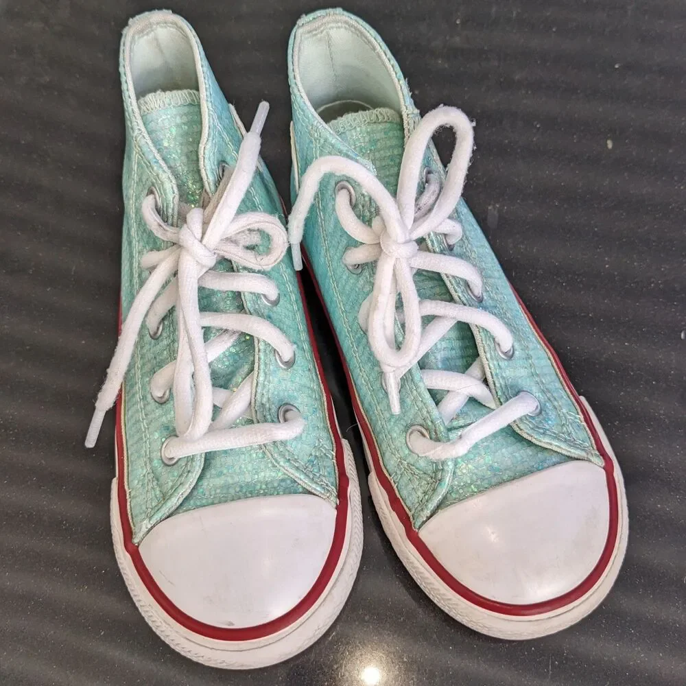 Girls Sz 10 Sequin Sparkle Seafoam Green Converse Chuck Taylor All Star Hi Tops